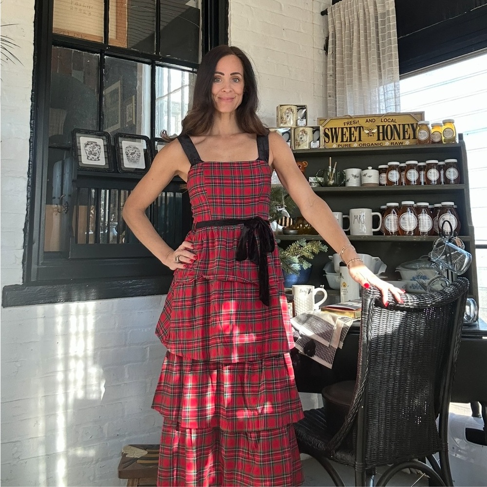 SUGARLIPS ELEGANCE DEFINED 100% COTTON RED PLAID TIERED MIDI DRESS - Picture 14 of 17